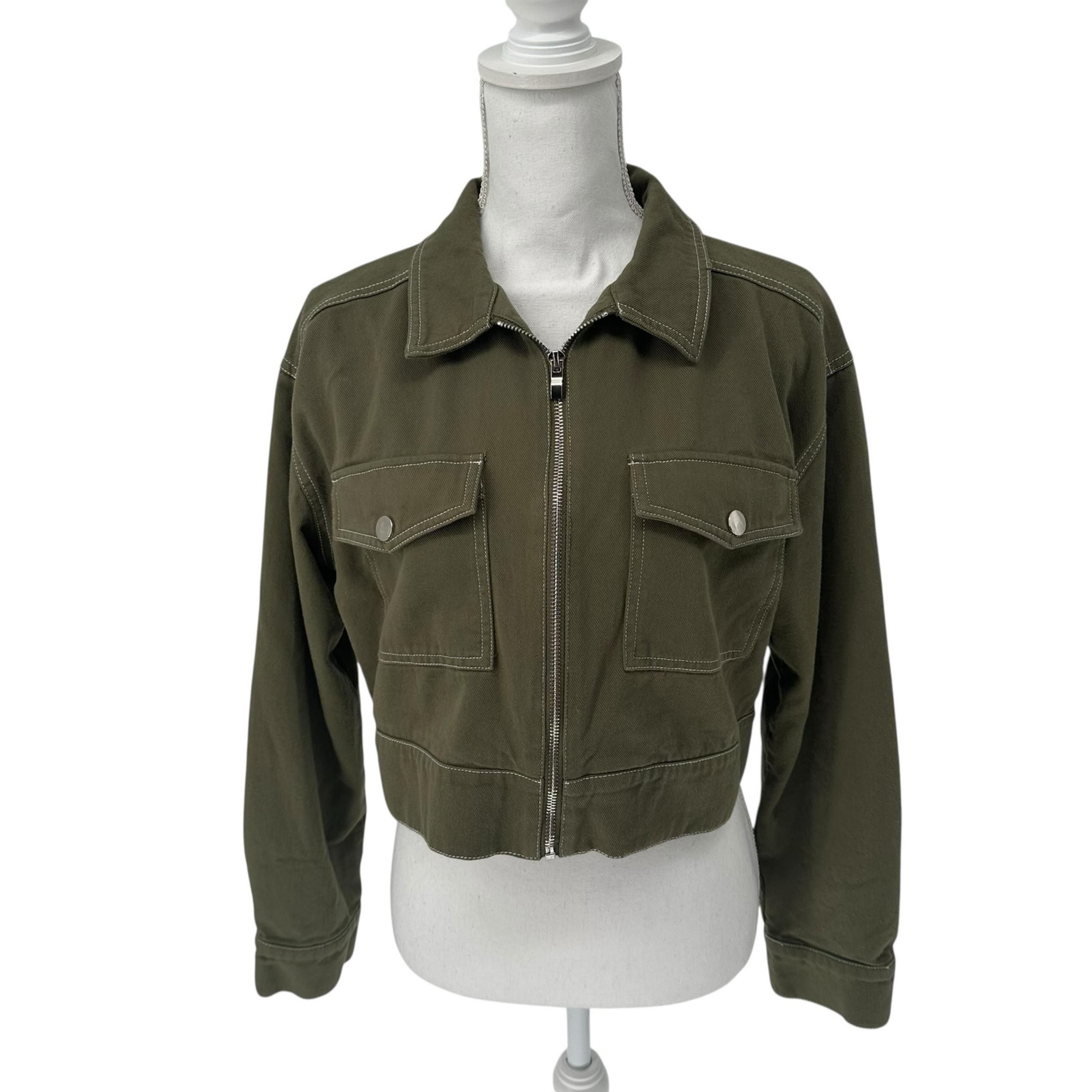 Lulus Green Twill Zipped Front Cropped Utility Jacket Sz Medium