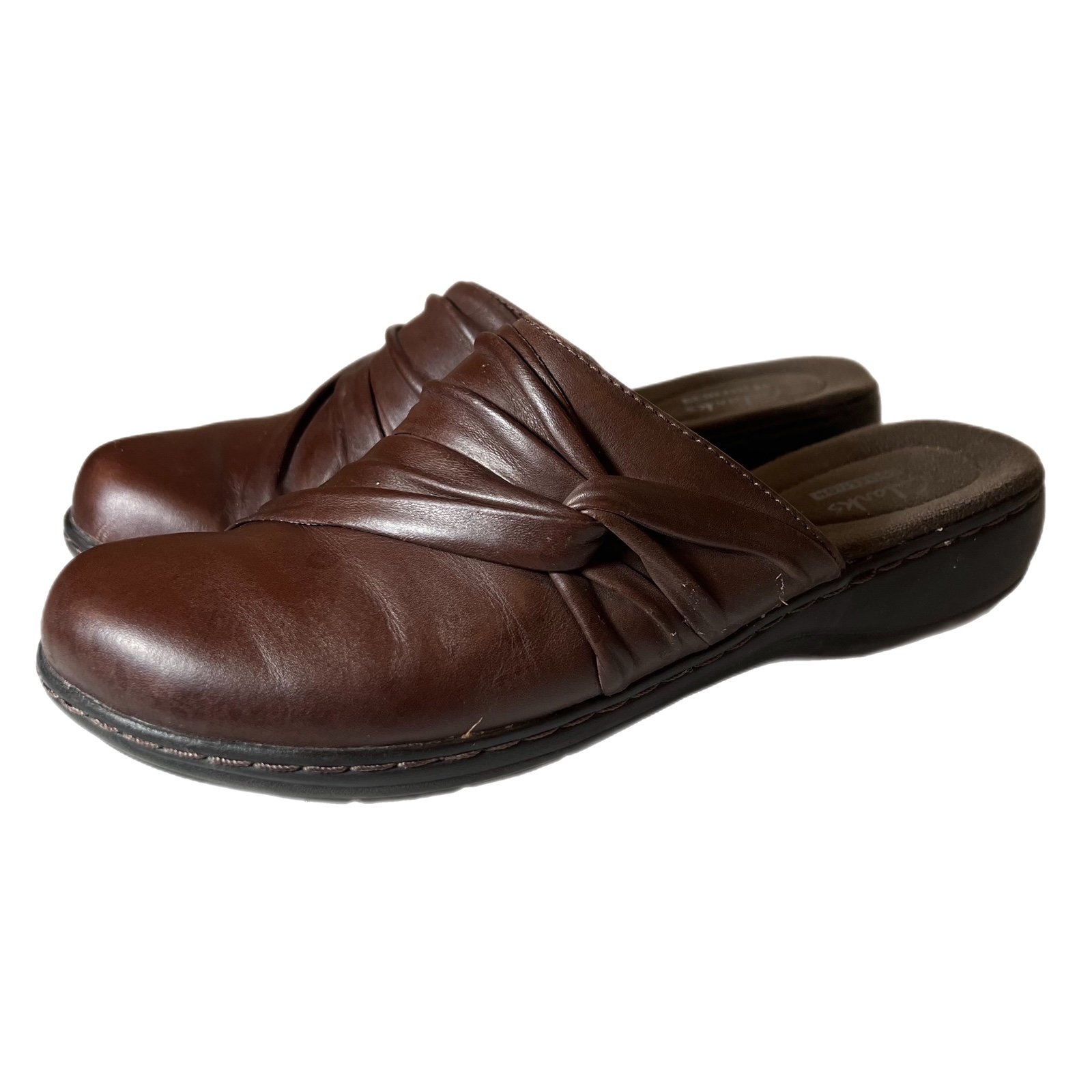 Clarks Brown Leisa Deina Mules Flats Leather Comfort Slip On Women Size 8.5M