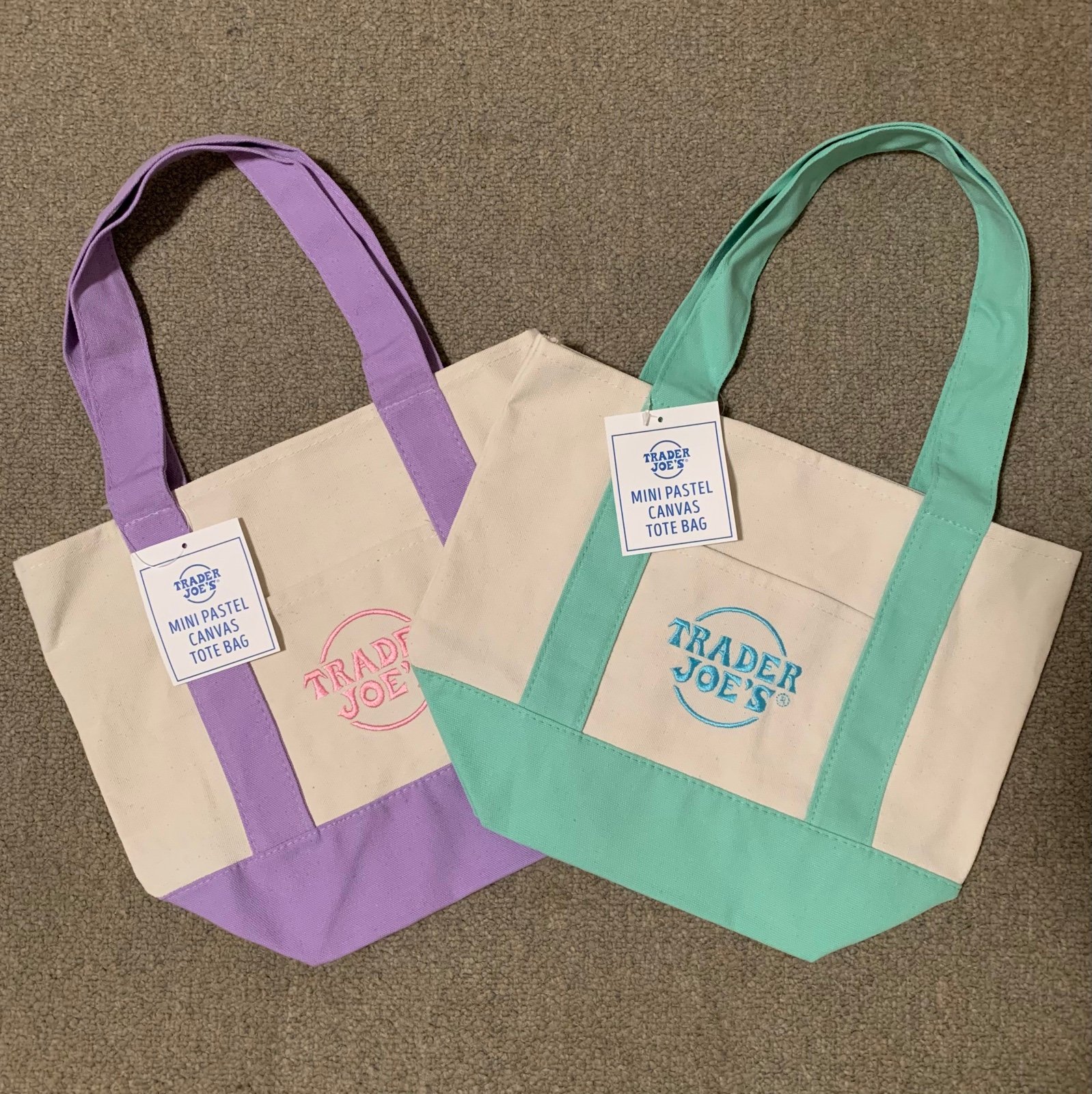 NWT Trader Joe’s Mini Pastel Tote Bags, 2 Colors: Mint Green, Lavender/Purple