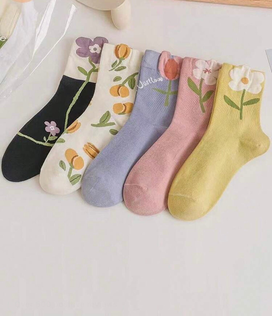 Floral socks set 5 pairs blue green pink white black cute NWT