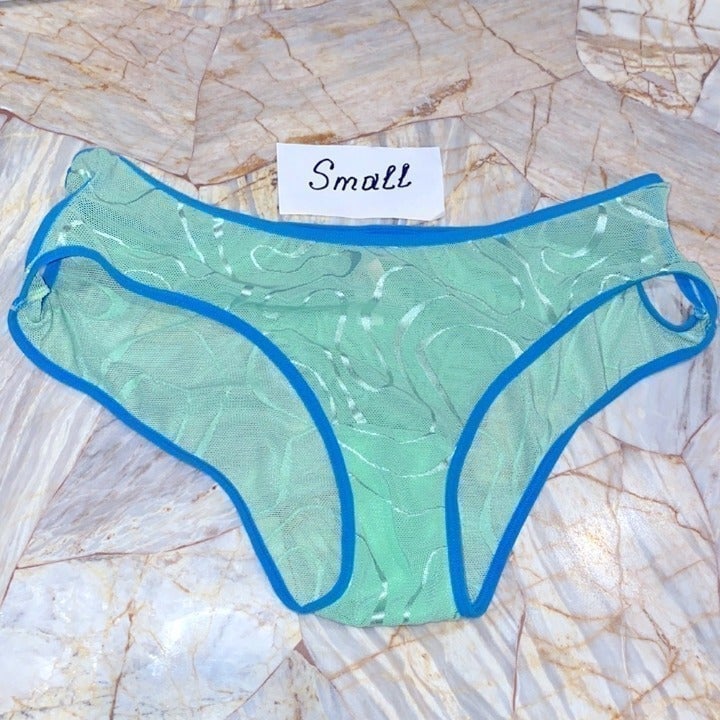 Victoria Secret Vintage Rare Mesh Lace Sheer Green/Blue Bikini Panty Small
