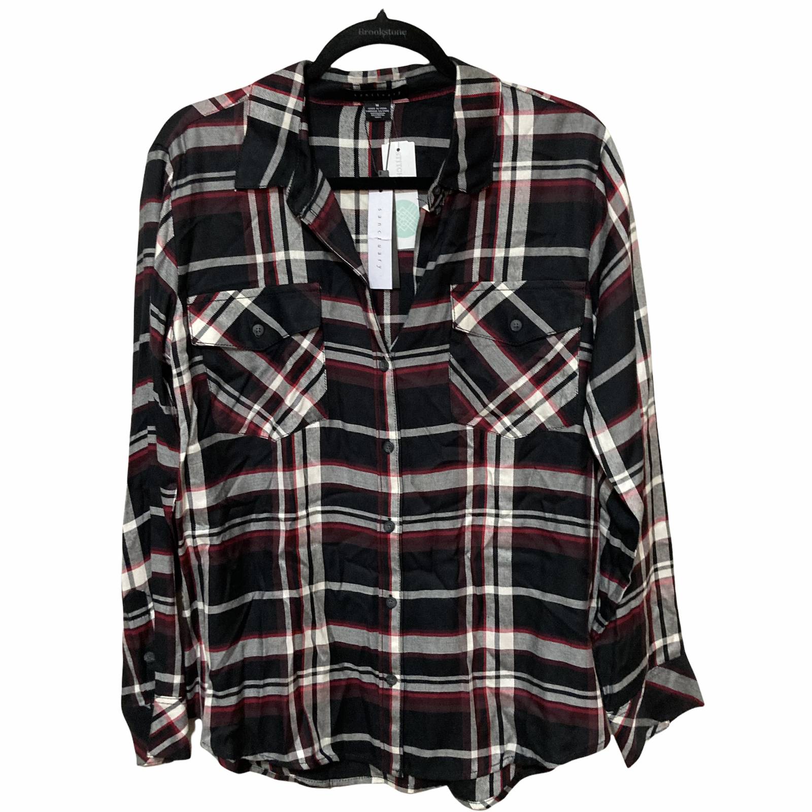 Sanctuary Boyfriend For Life Plaid Button Up Shirt Medium Black Red White NWT