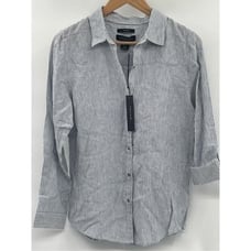 Tahari Linen Button Down Shirt Women Medium Blue White Striped Long Sleeve Hood