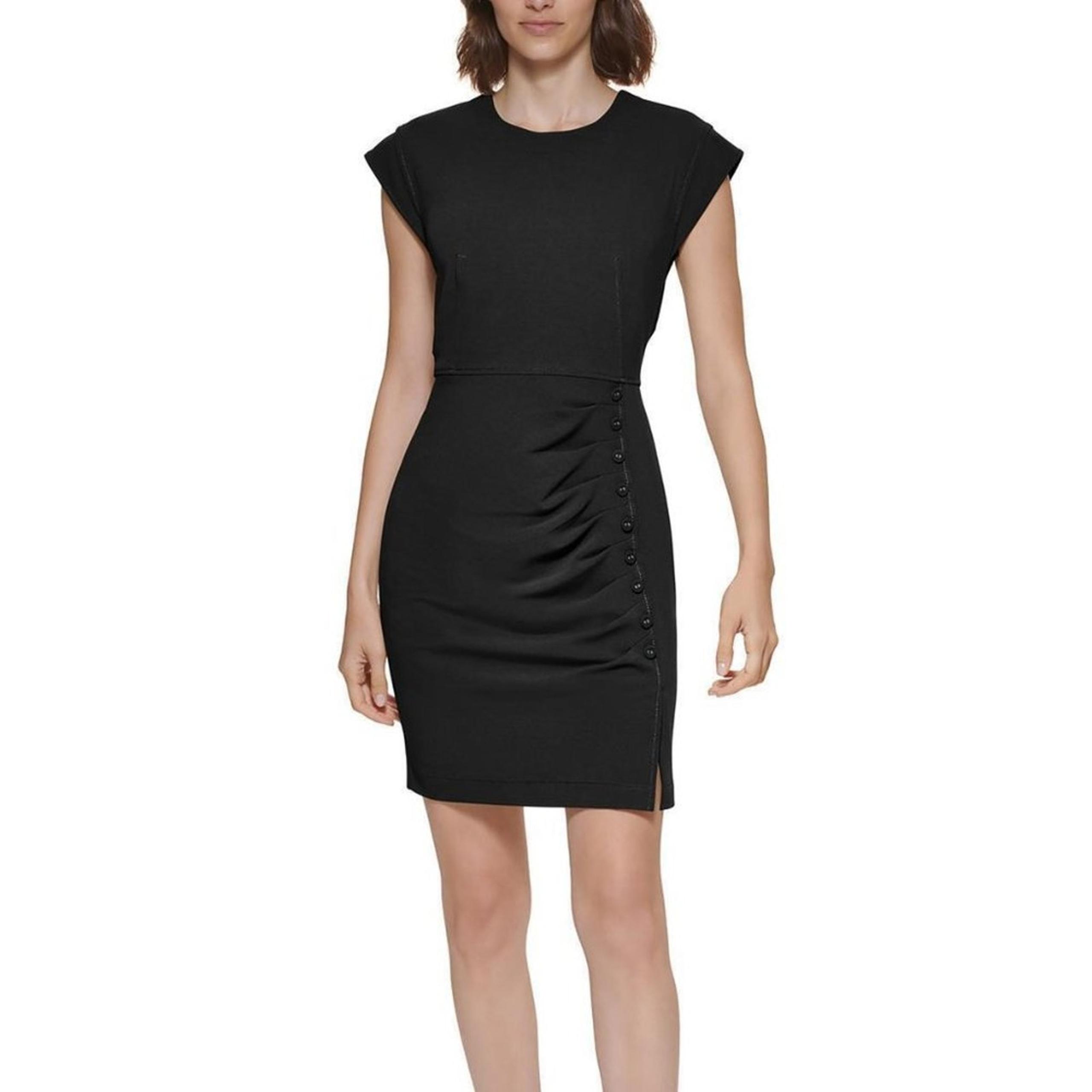 CALVIN KLEIN Ruched Button-Trim Black Sheath Dress 6 BOGO