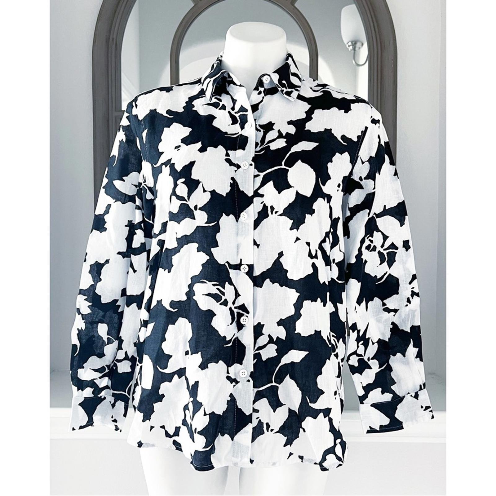 J.Jill Linen Button Front Collared Shirt, White & Black Size XS Retail 99