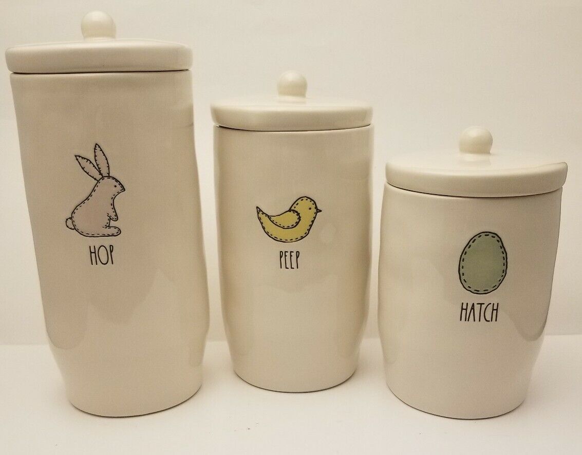 Rae Dunn Easter HOP PEEP HATCH Canister Set of 3 Lg Bunny Med Chick Sm Egg