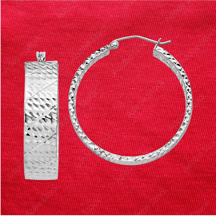 Sterling Silver Rhodium-plated Diamond-cut 7.75x30mm Hoop Earrings