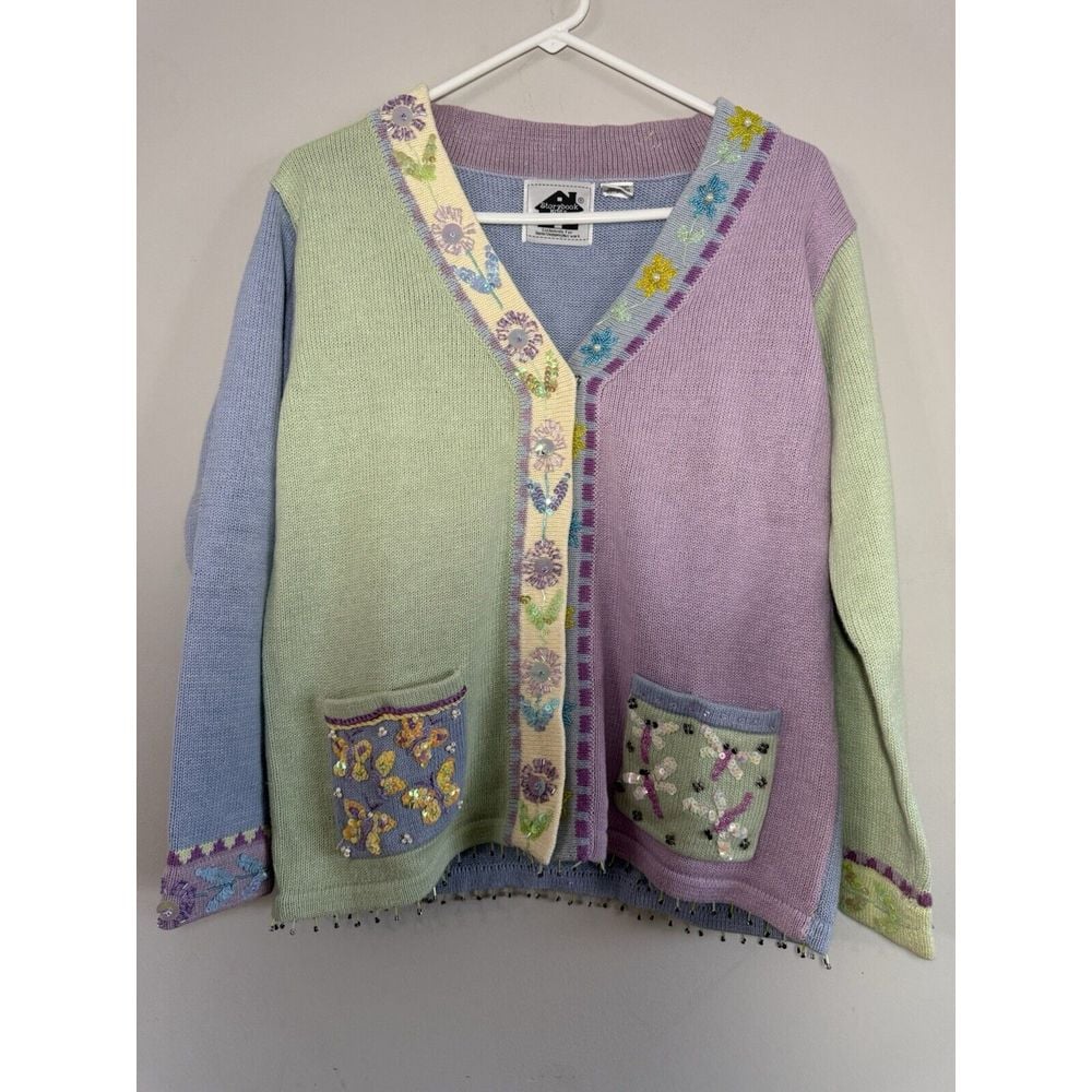 Vintage Storybook Knits Button Up Knit Cardigan XS Pastel Beaded Floral Sequin