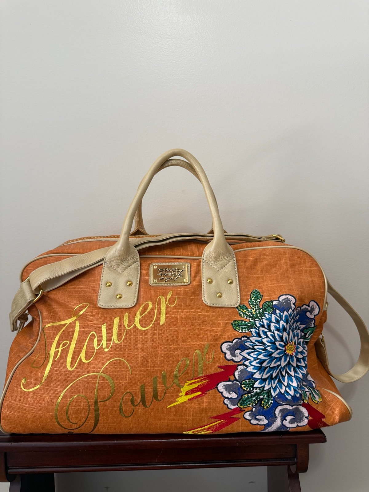 Ed Hardy Orange “Flower Power” embroidered overnight bag