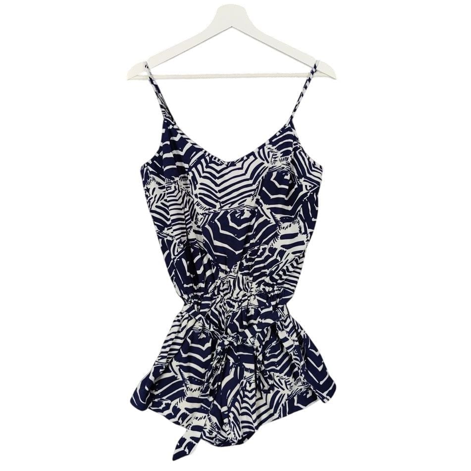 LILLY PULITZER Deanna Romper Womens Size M Navy White Belt Geometric Beachy Lux