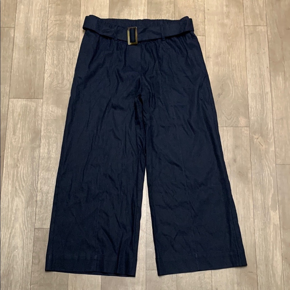 Womens J.Jill Linen Blend Belted Navy Blue Cropped Pants