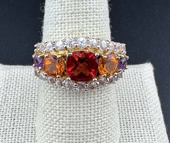 18K Gold Over Sterling Silver Vermeil Ring W/Amethyst Citrine & Glass Mid Stone