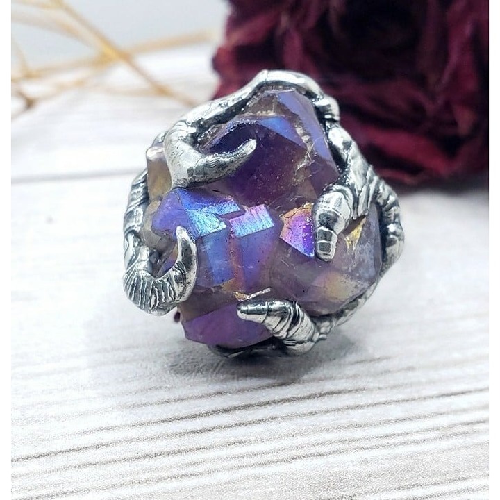 Rainbow aura amethyst crystal ring handmade gothic fantasy metalwork jewelry