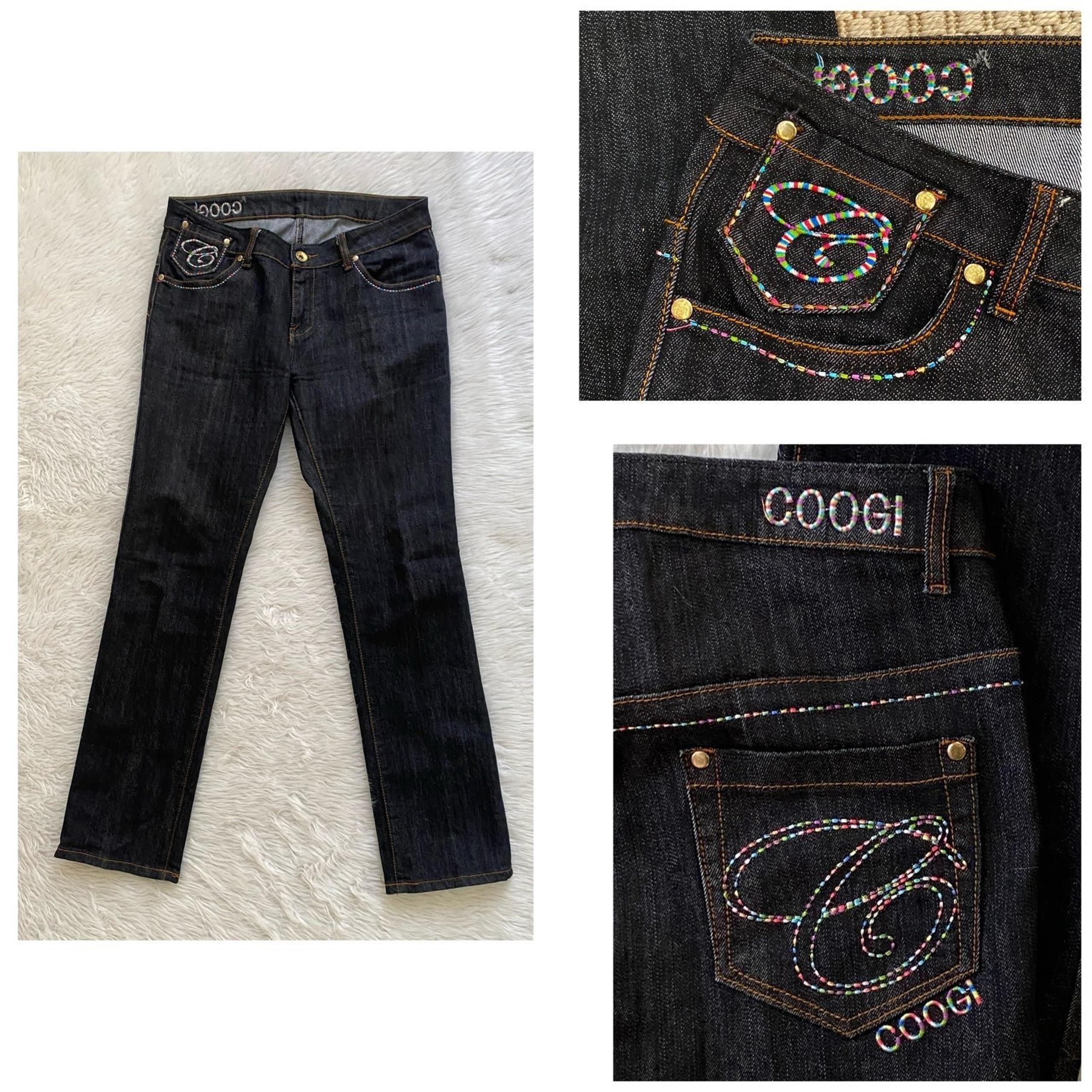 COOGI Black Denim Jeans Midi Rise Straight Leg Stretch Embroide Size 9/10
