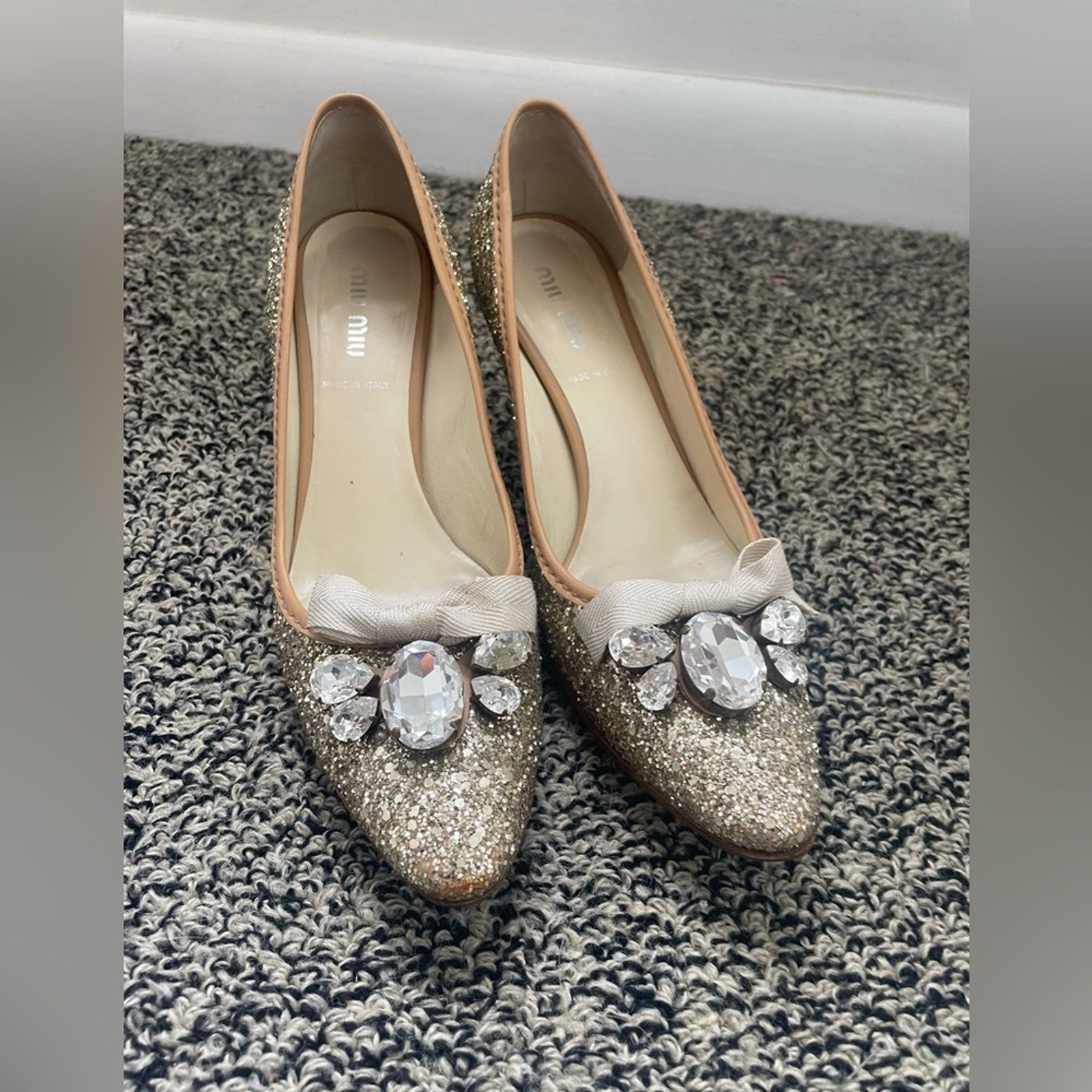 Miu Miu Glitter Sparkle Heels with Rhinestines and Bow Designer Bridal 36.5 (J)