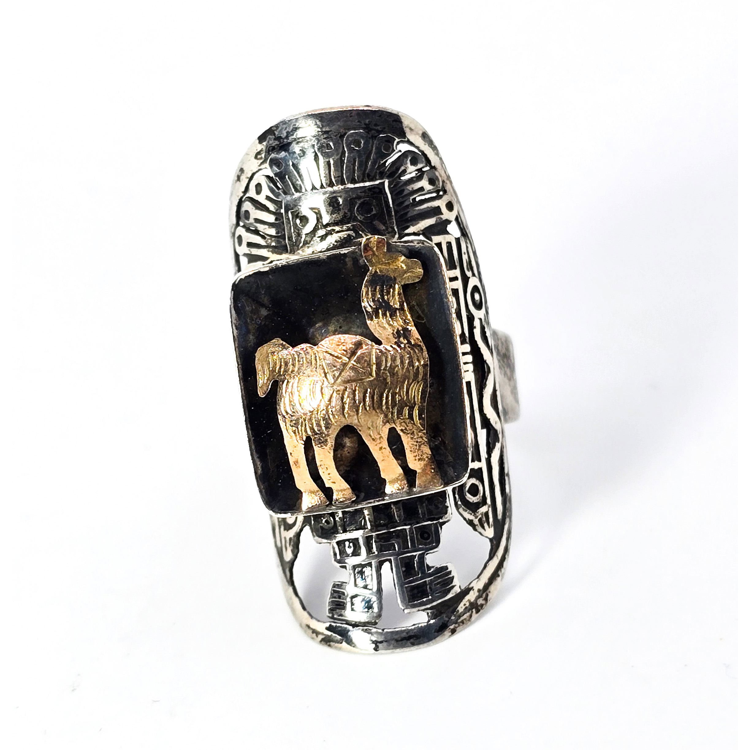 Peruvian 18k gold llama sterling silver vintage Incan Native adjustable ring si