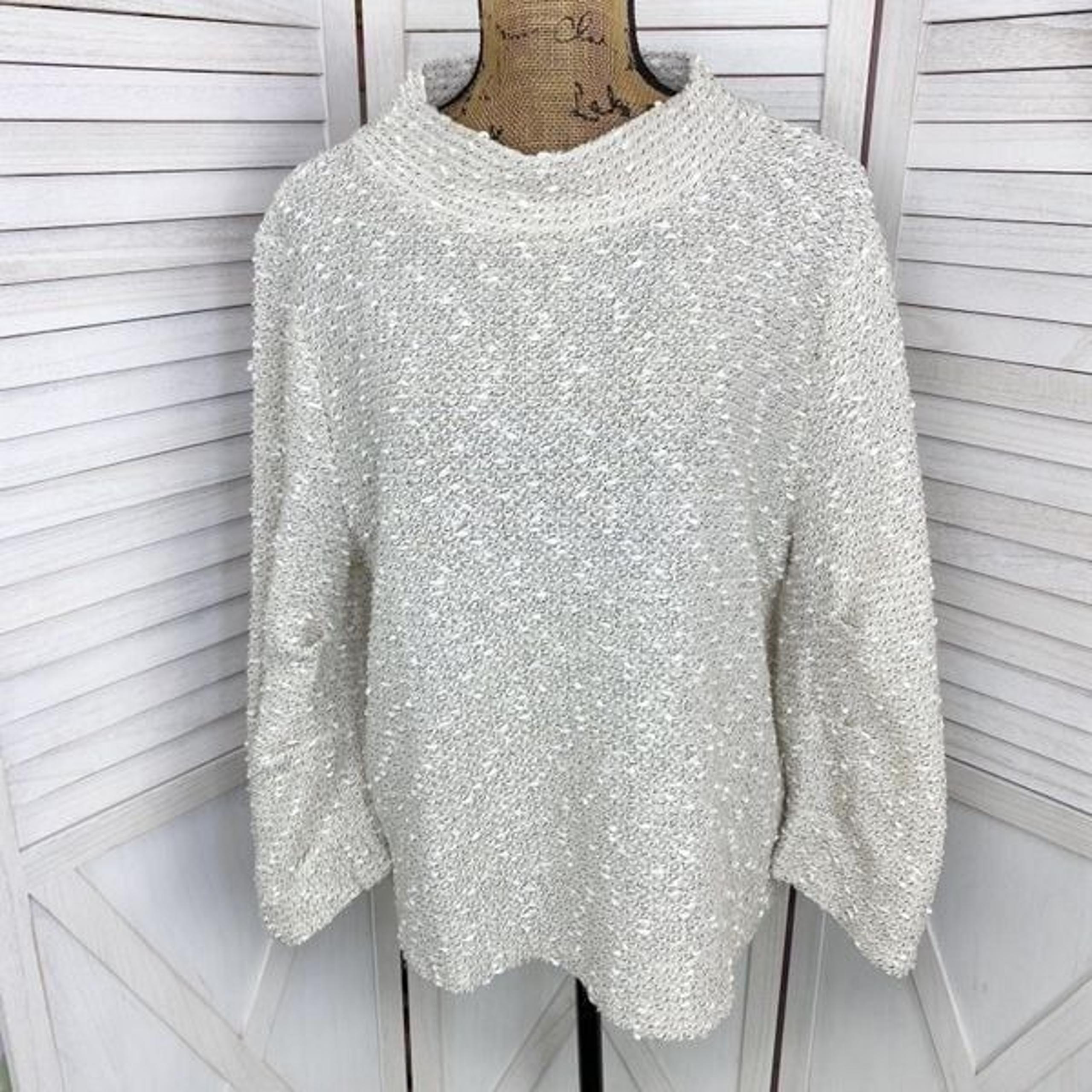 Vince Camuto Mock Neck Bell Sleeve Boucle Knit Sweater Beige Large