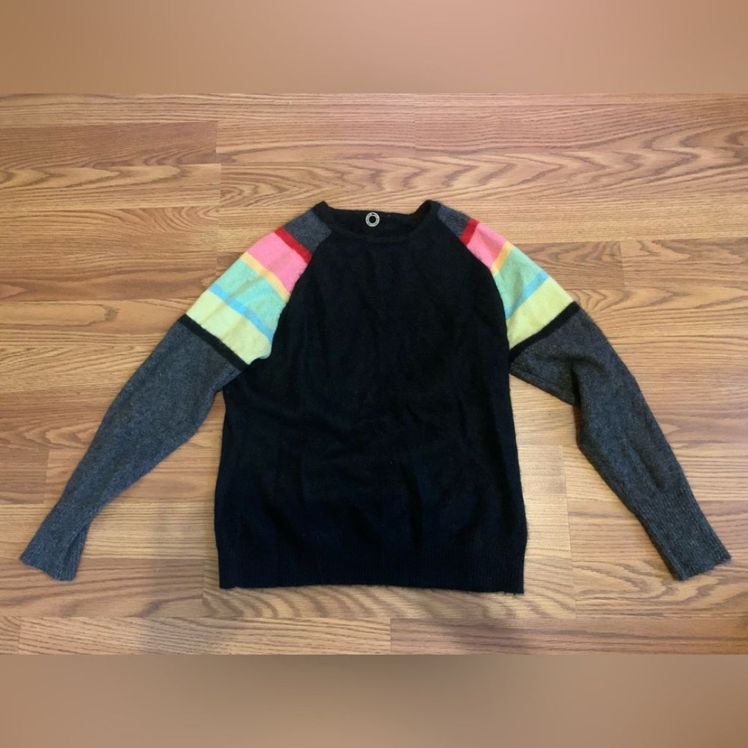 One girl who 100% cashmere girls sweater with rainbow stripes