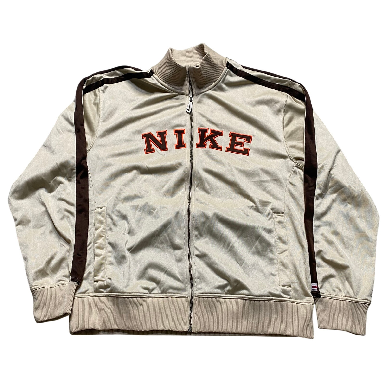 NWT Vintage Y2K Nike Mens Beige Brown Orange Full Zip Track Jacket Size Large