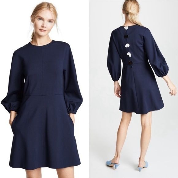 Tibi/ Bond Stretch Sculpted Button-Back Mini Dress navy blue long sleeve 2