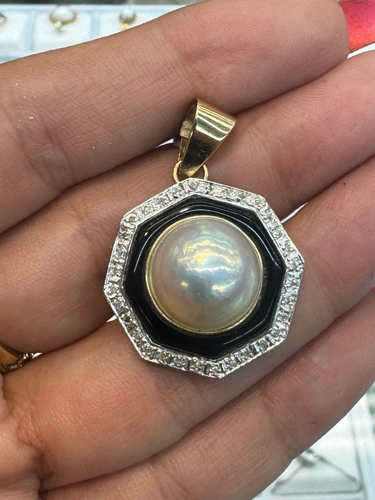 14k gold pearl onyx diamond octagon charm pendant