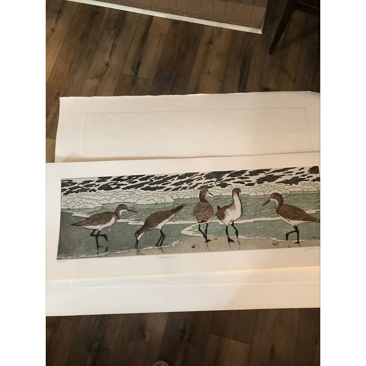 John Akers Sandpipers Hand Colored Copper Plate Etching Signed and Numbered