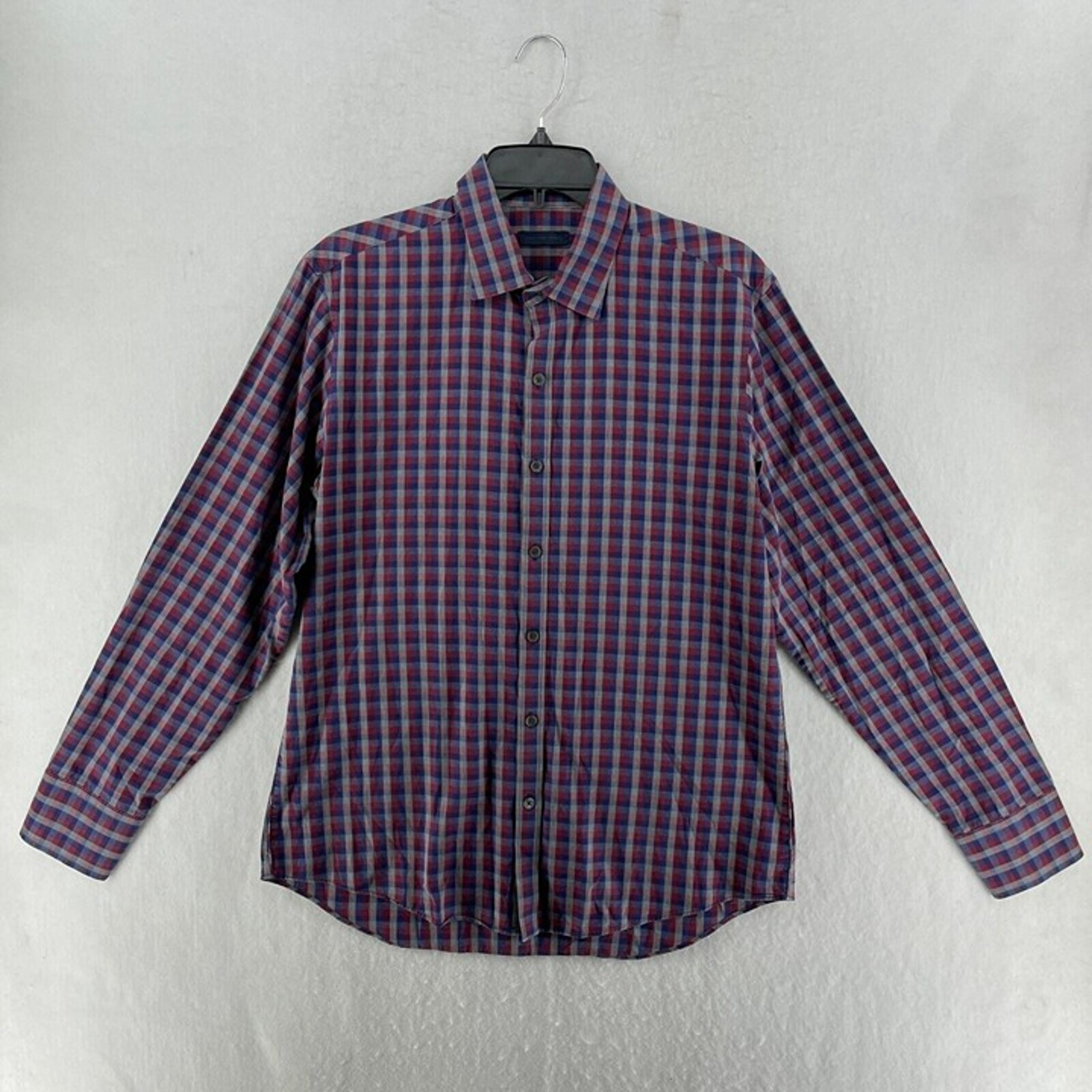 Zachary Prell Button Up Shirt Mens Sz L Navy Blue Red Plaid Collared Pockets