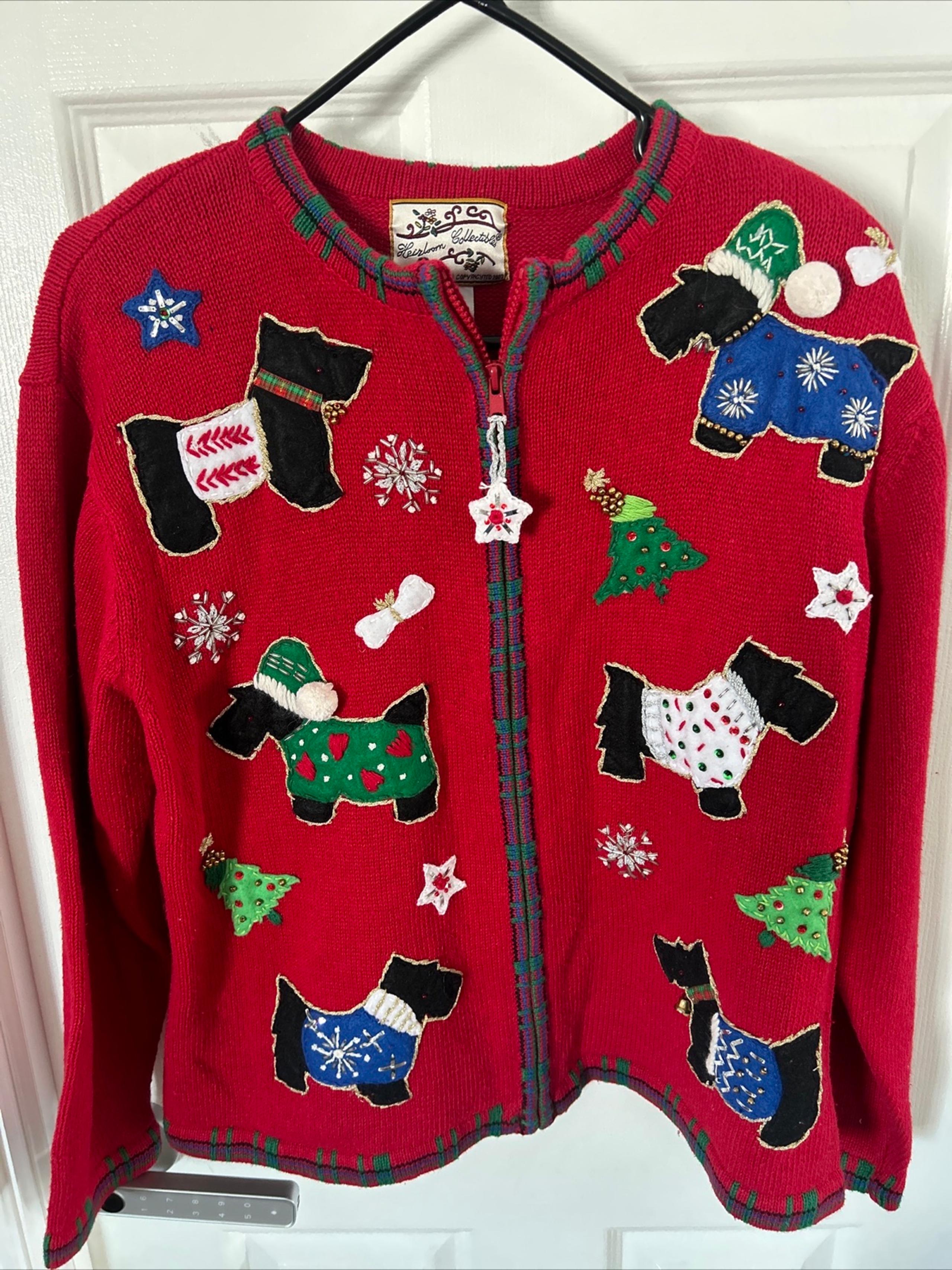 Vintage Heirloom Collectibles L Cardigan Sweater Red Christmas Dogs