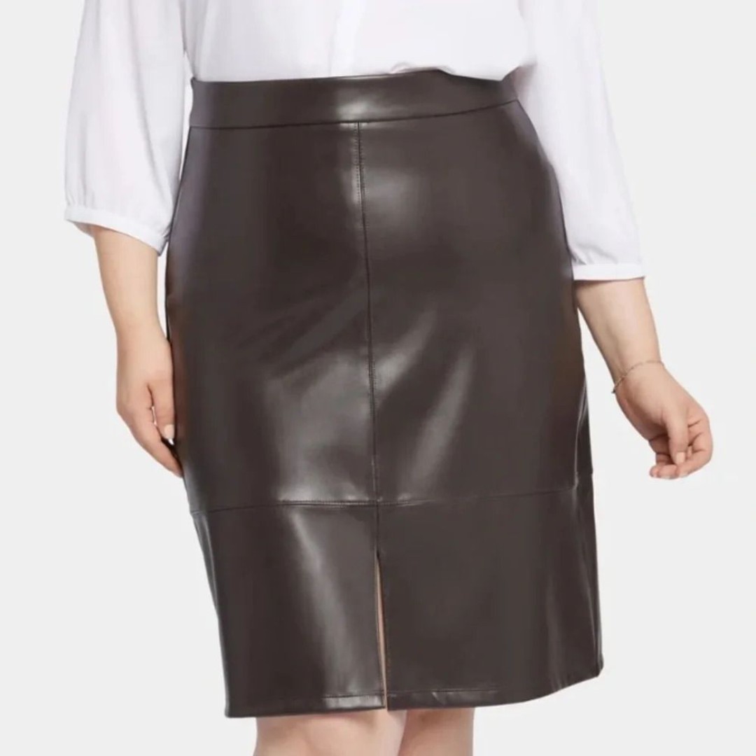 NYDJ Sculpt Her Chocolate Brown Faux Leather A Line Midi Skirt | Size 18W