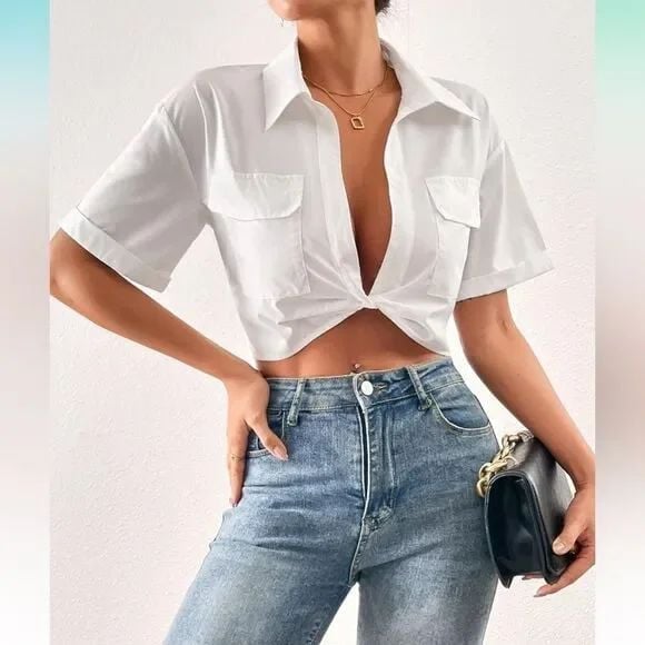Micas Trendy White Crop Shirt Button-Up Collared Short Sleeve Summer Top Size S