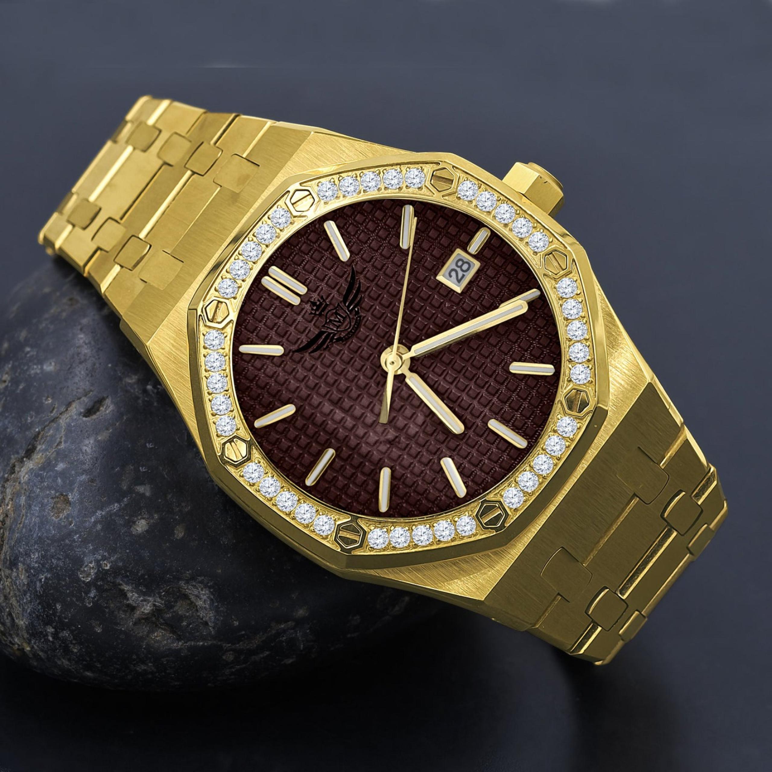 Mens 14k gold plated automatic watch - brown face - iced bezel