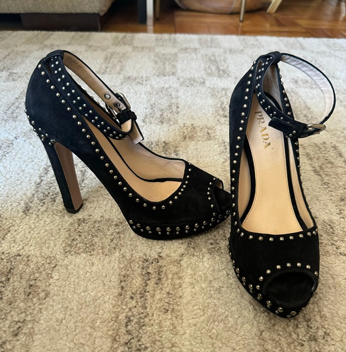 Vintage Prada Black Suede Studded Heels Rare Prada black suede peep-toe pumps wi