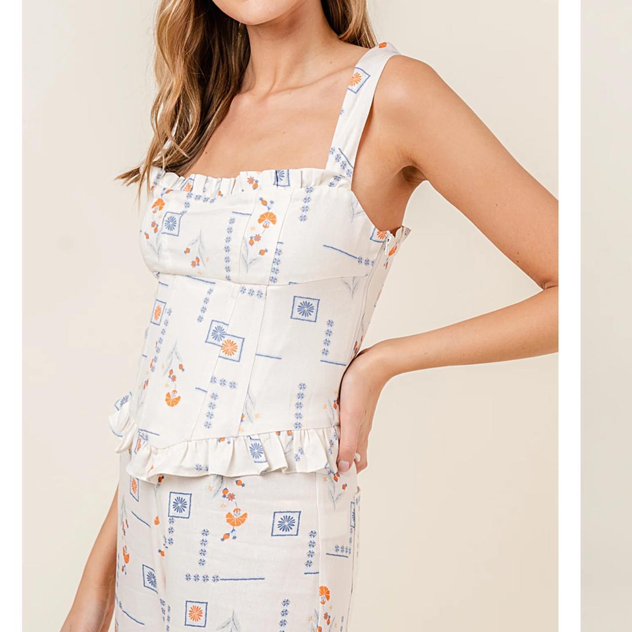 Cuffs Sadie Ruffled Carnation Orange and Blue Print Fore Corset Style Top