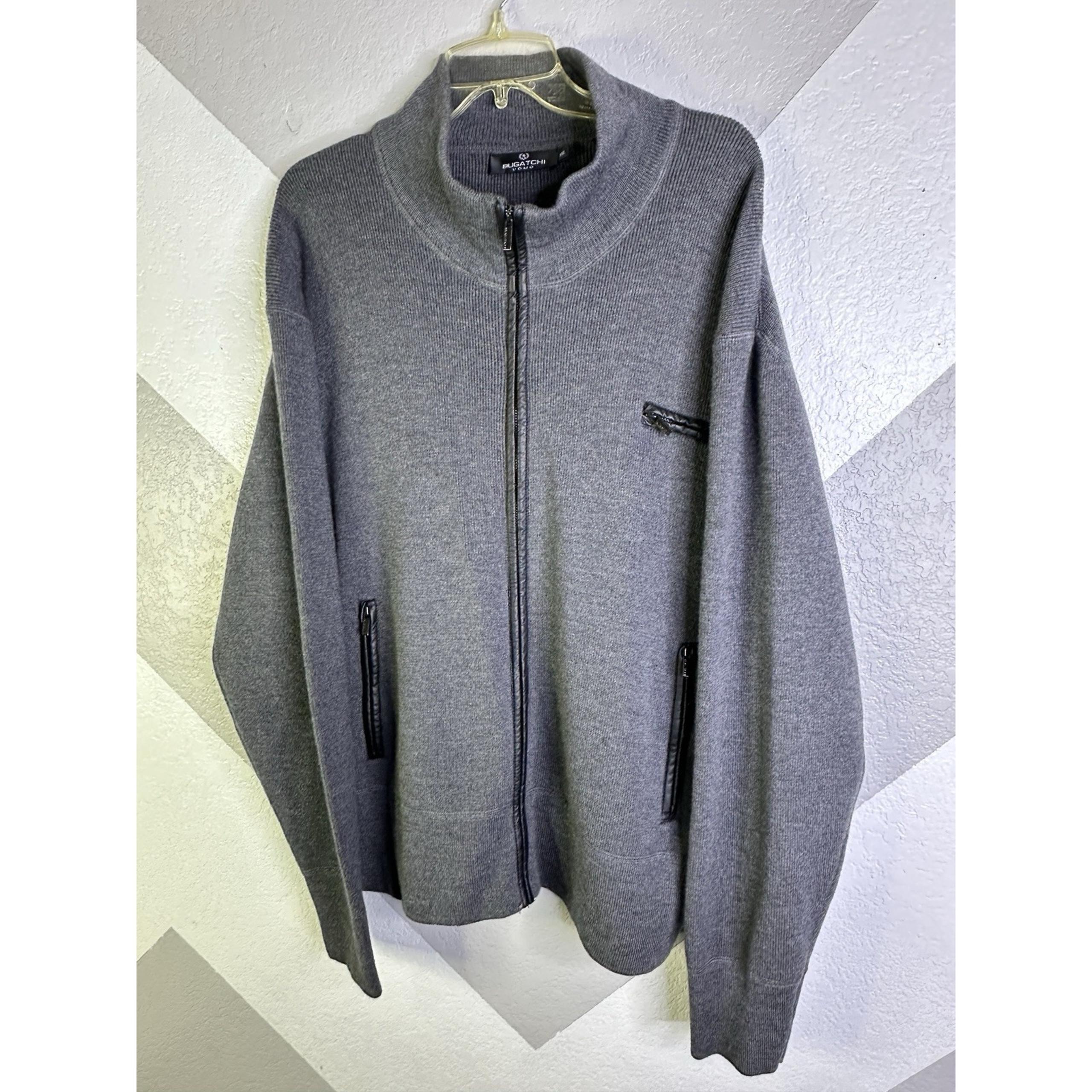 Bugatchi Uomo Men's Full Zip 100% Merino Wool Gray Sweater 2XL Leather Trim