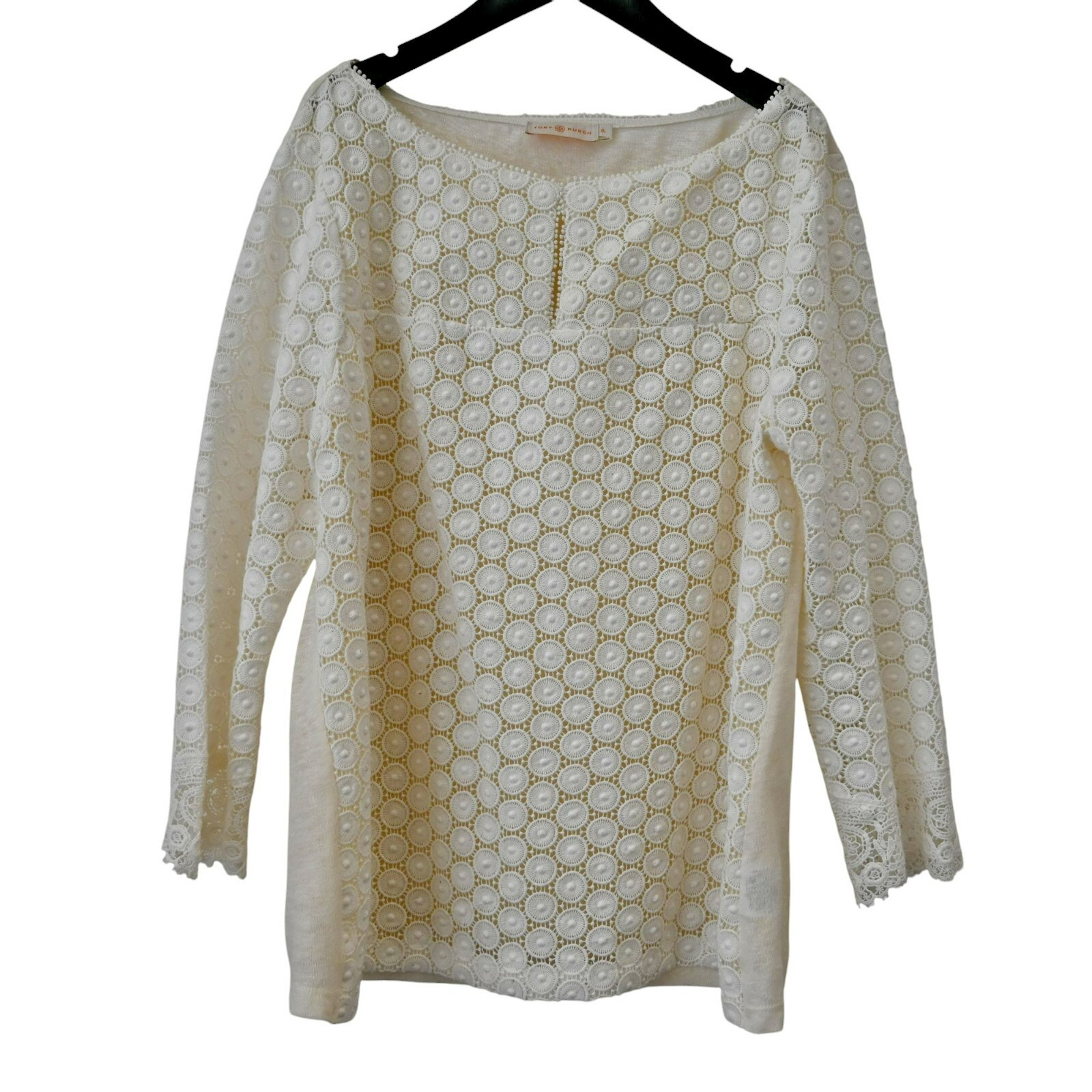 Tory Burch Elie Embroidered Eyelet Top XL Cream Crochet Cotton Linen 3/4 Sleeve