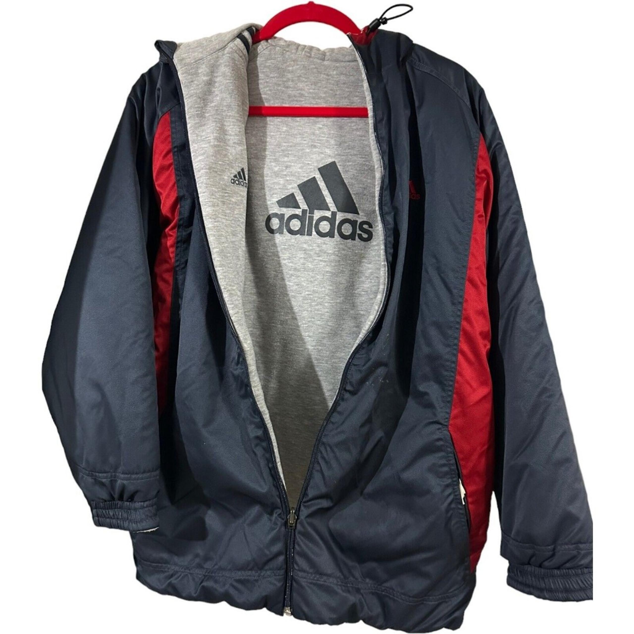 Adidas Reversible Mens Hooded Jacket Coat Blue Red Grey Full Zip L Logo Stripes