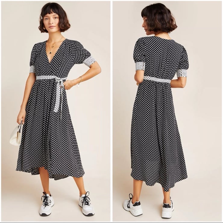 Anthropologie Maeve Breanna Polka Dot Wrap Midi Dress Black White Size 4