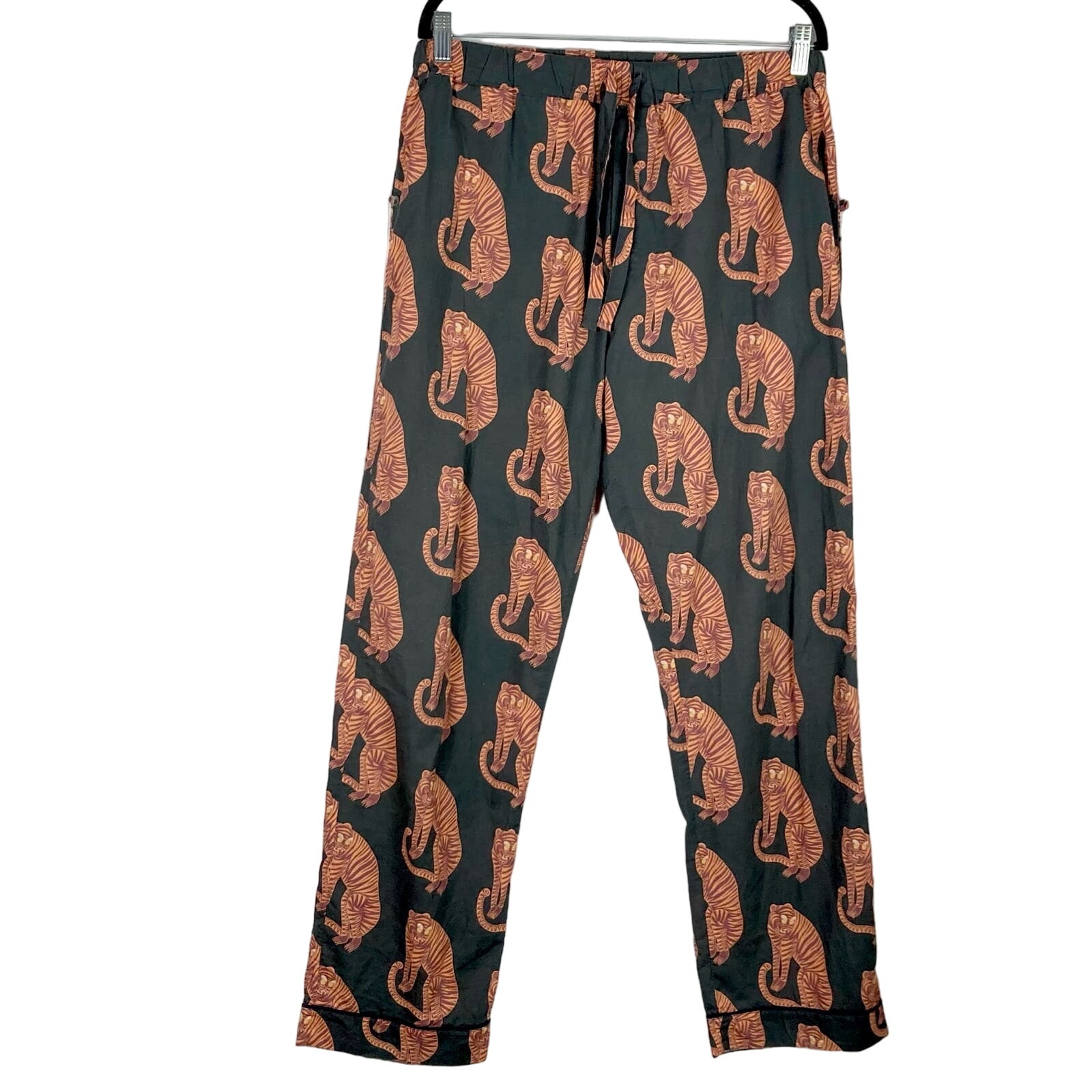 NWOT DESMOND & DEMPSEY Pajama Pants Women L Black Brown Tiger Pull Up Pockets
