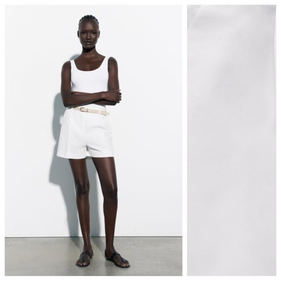 NWT. Zara White Belted High-Waisted Shorts with Darts. Size L.
