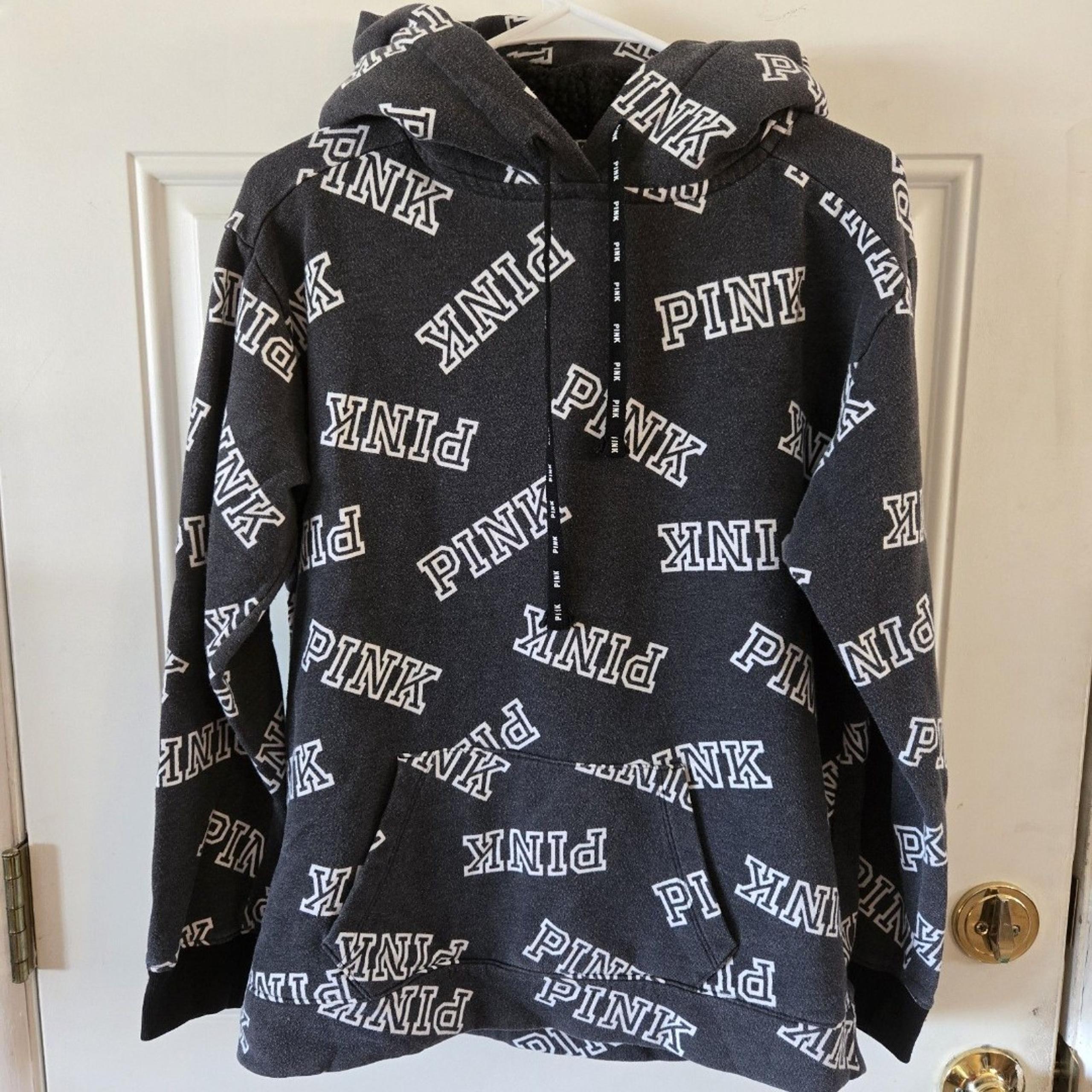 Victorias Secret PINK Hoodie Size XS Gray Monogram Black Sherpa Lined Hood
