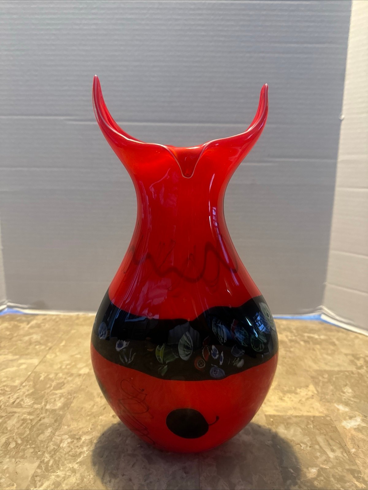 Bohemian Devil Horned Murano Red Art Glass Vase 14