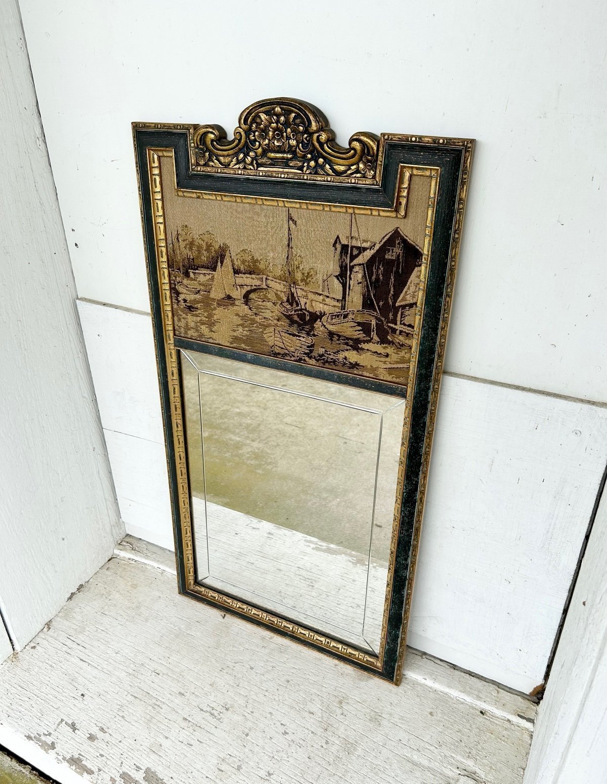 Antique Victorian Beveled Crown Top Mirror Embroidered Stitched Fabric Old World