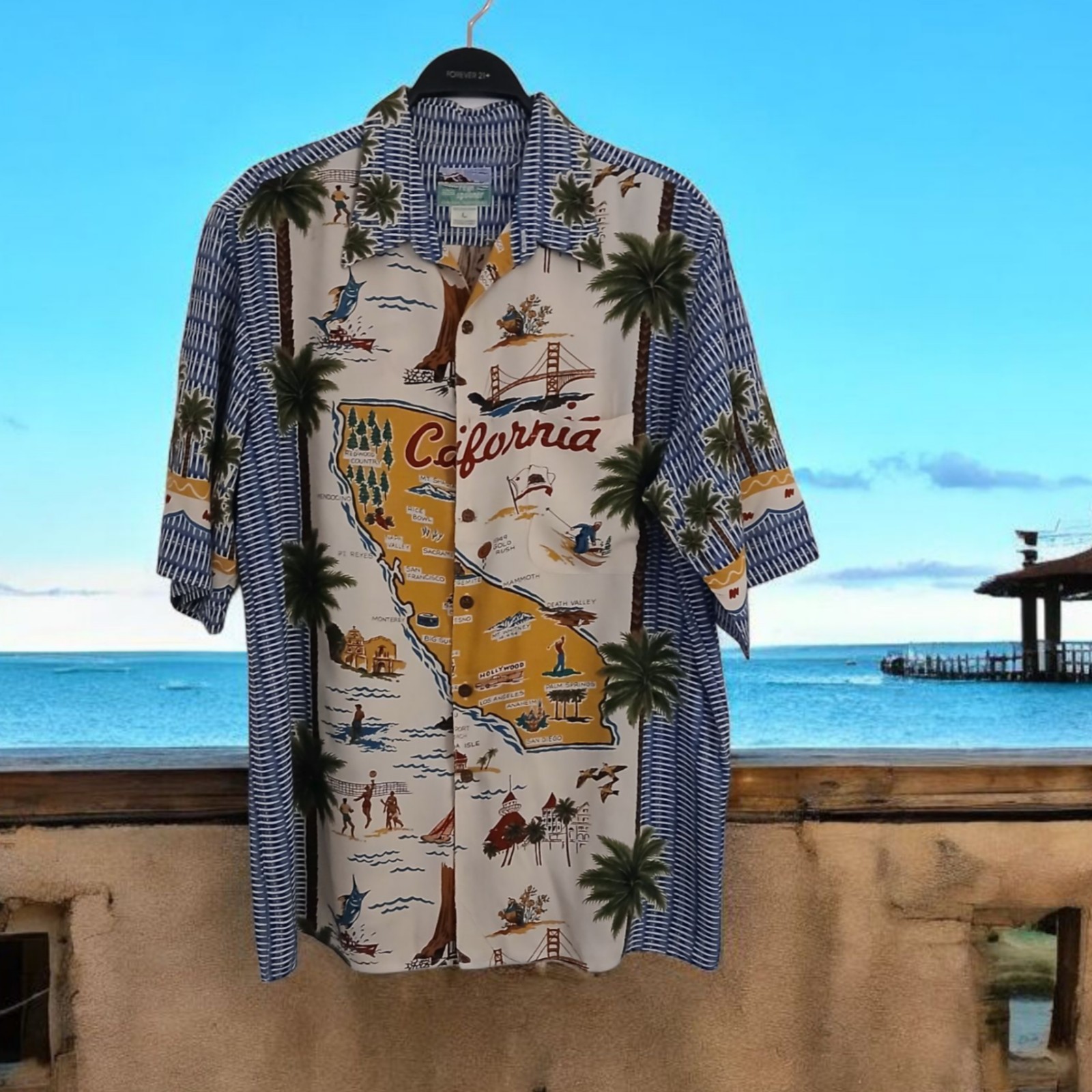 VINTAGE 1990S MENS CALIFORNIA MAP PRINT UNIQUE BUTTON DOWN SHIRT