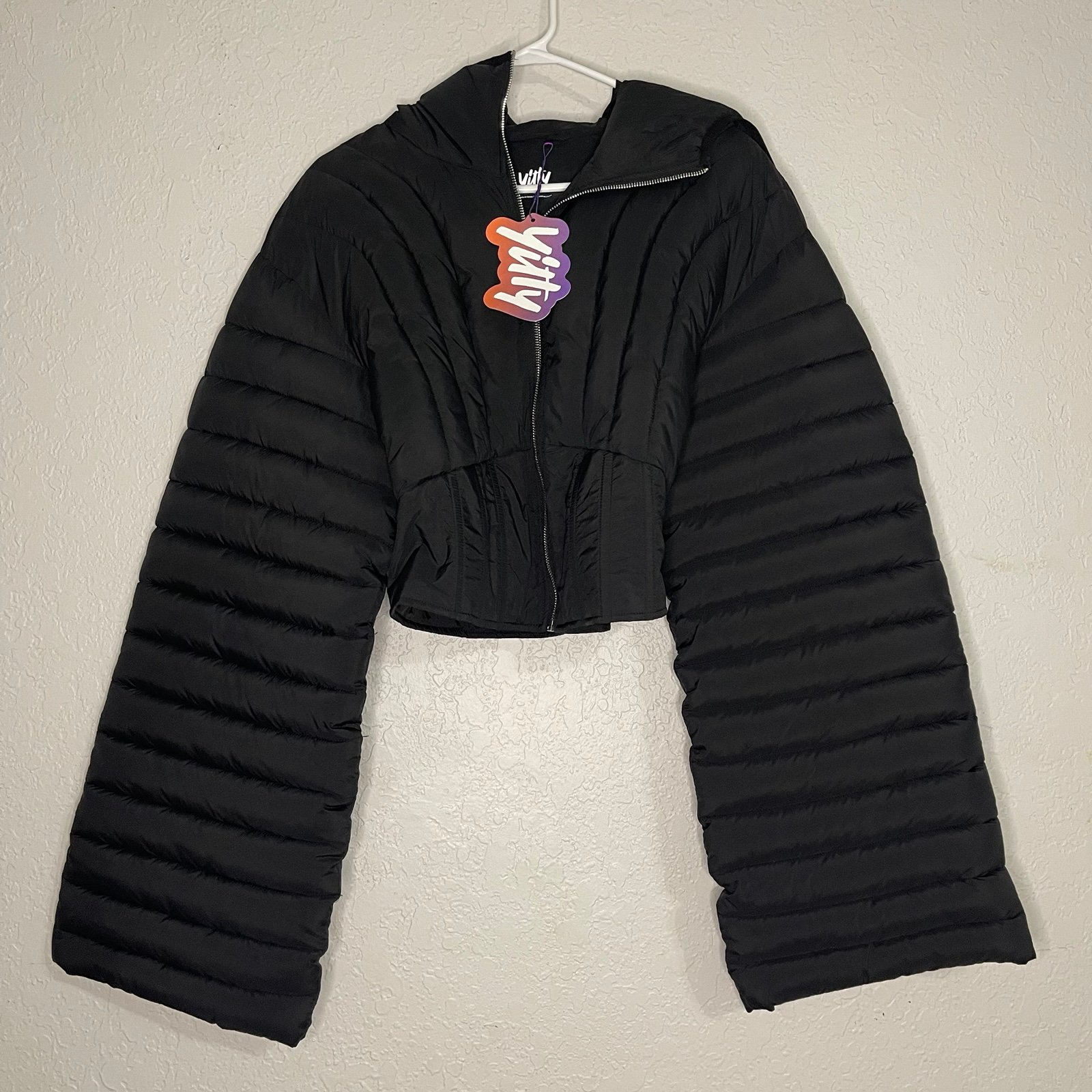 NWT Yitty Corset Puffer Jacket Black Cropped Hood Full Zip Women’s Size XL