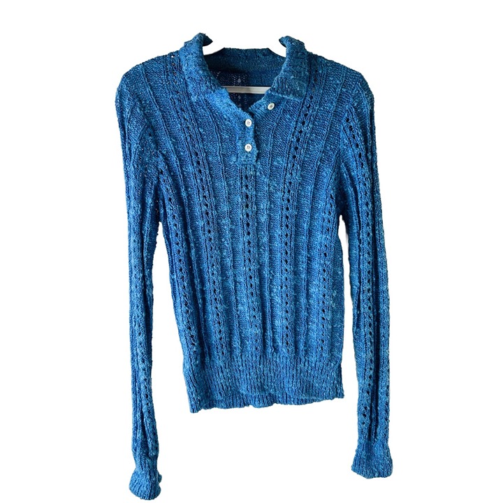 VTG 1960s Womens Medium Lightweight Knit Collared Button Henley Sweater Blue