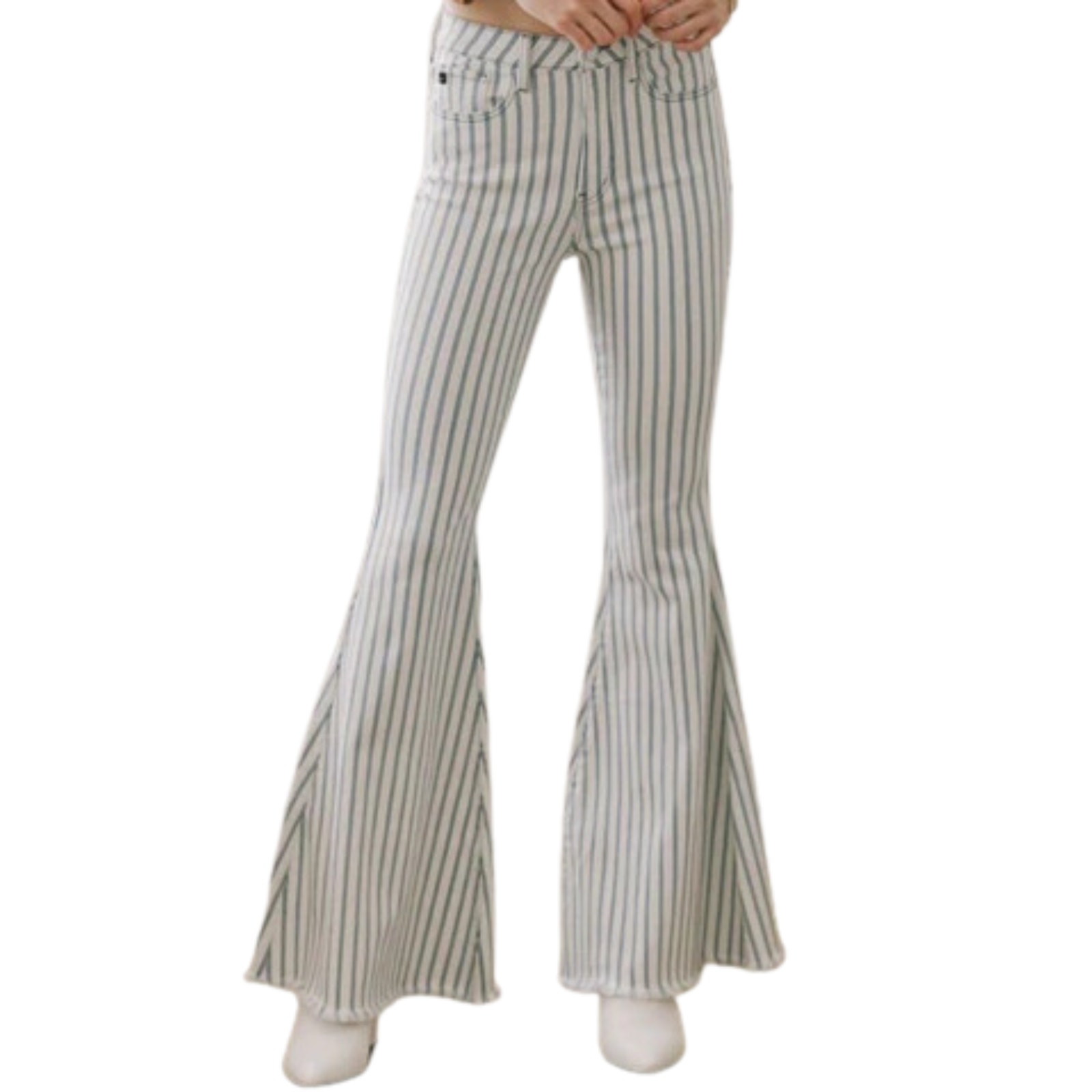 KANCAN High Rise Super Flare Frayed Hem Blue White Pinstripe Pants Women's 27
