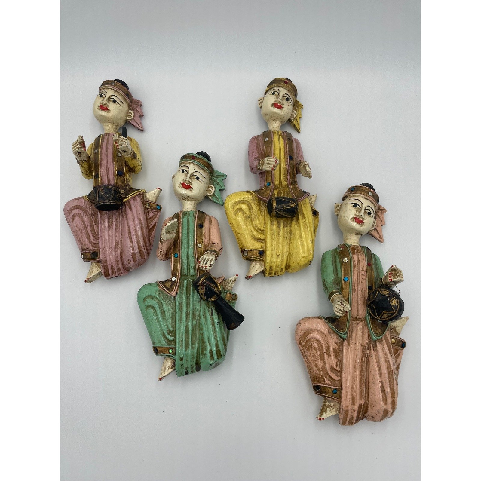 Vintage Burmese Asian Musician Figurines Hand Carved Wood Wall Art Decor Set