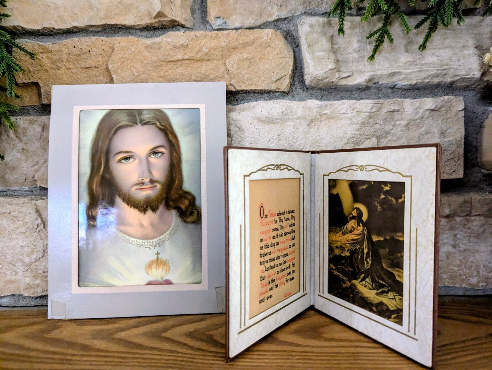 Sacred Heart of Jesus Gold cabinet photo, vintage photo folder The Lords Prayer