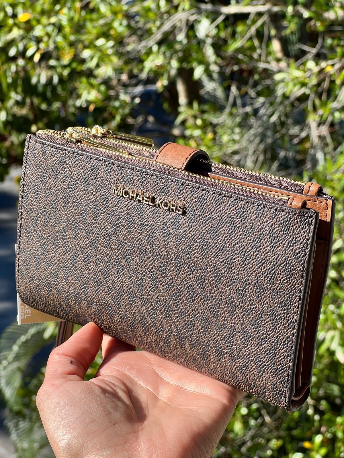 Michael Kors jet set double zip wristlet wallets phone case brown MK