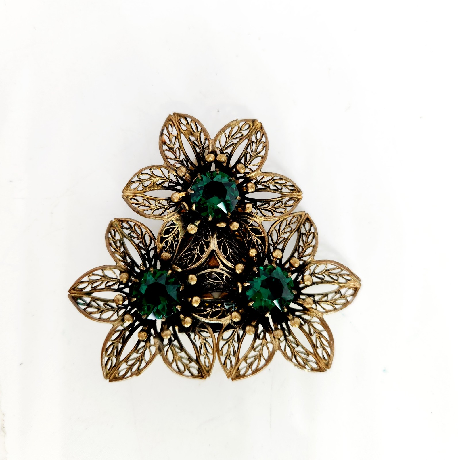 Vintage 30s Czech Fur Dress Clip Brooch Pin Green Rhinestone Gold Tone Filigree
